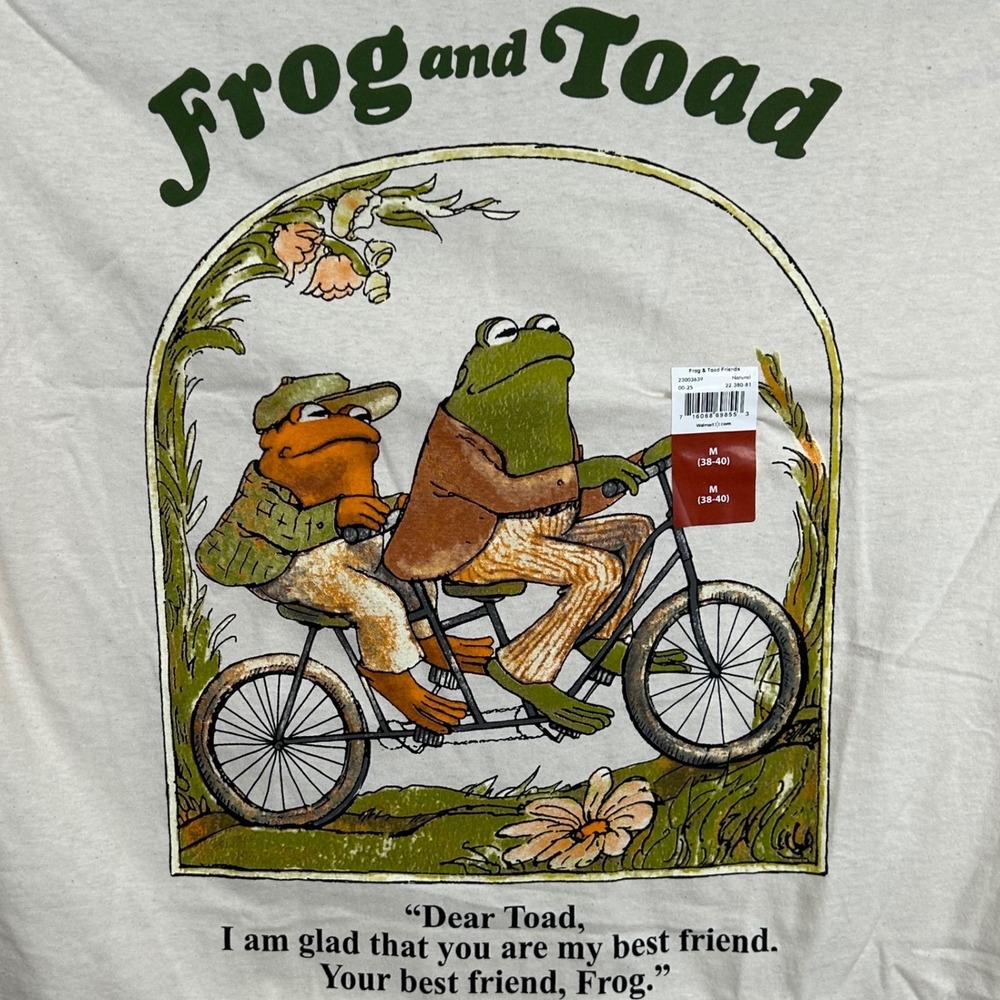 Frog and Toad Together Graphic T-Shirt Mens Medium Cream Tandem Bike Best Friend